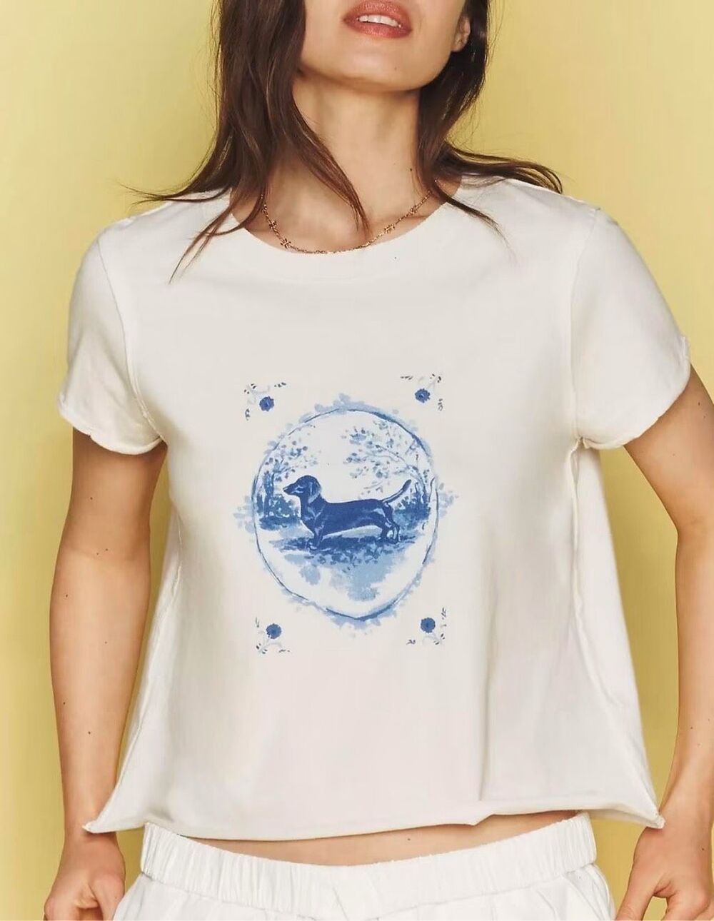 Anthropologie Maeve Caitlin Dachshund Graphic Boxy Tee White Cotton L NEW